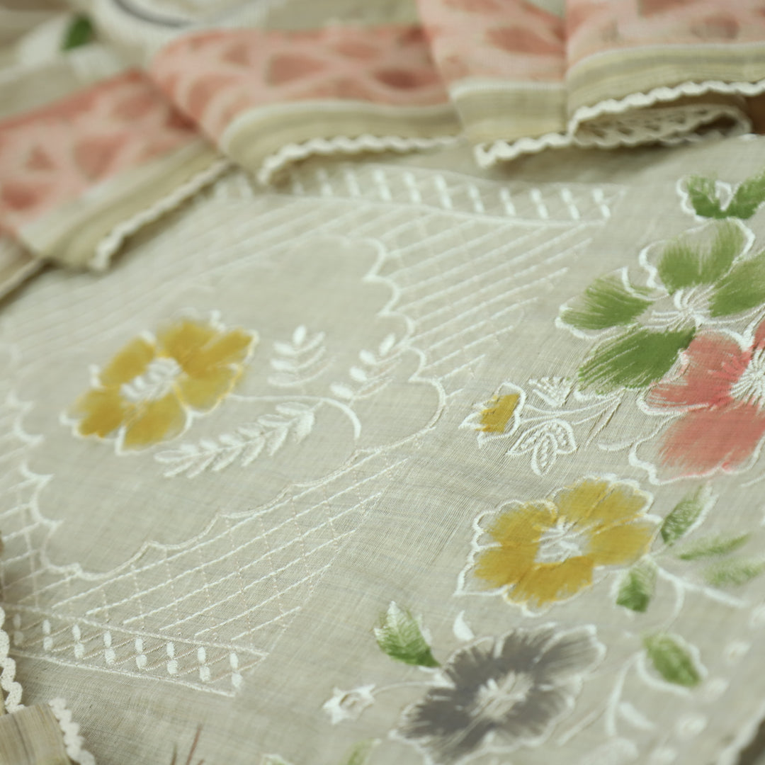 Roopshiddhi Beige with Mauve PInk Floral Thread with Jamdani Weaved Chanderi Set