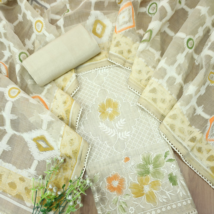 Roopshiddhi Beige with Yellow Floral Thread with Jamdani Weaved Chanderi Set