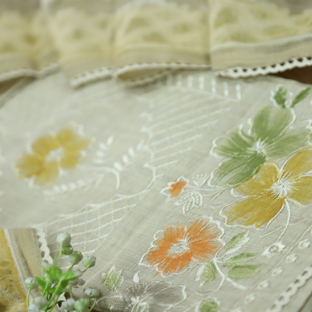 Roopshiddhi Beige with Yellow Floral Thread with Jamdani Weaved Chanderi Set