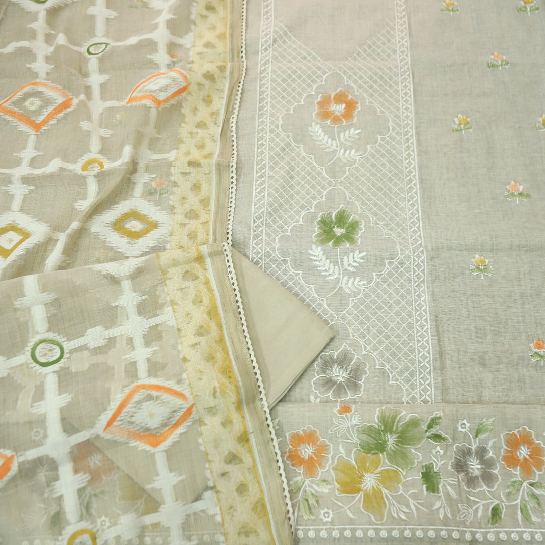 Roopshiddhi Beige with Yellow Floral Thread with Jamdani Weaved Chanderi Set
