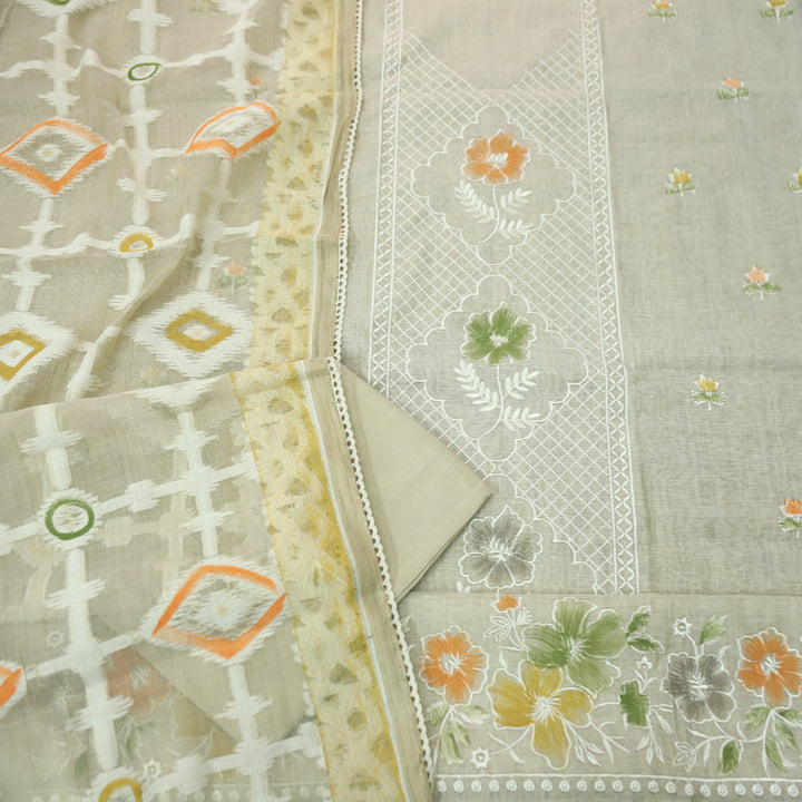 Roopshiddhi Beige with Yellow Floral Thread with Jamdani Weaved Chanderi Set