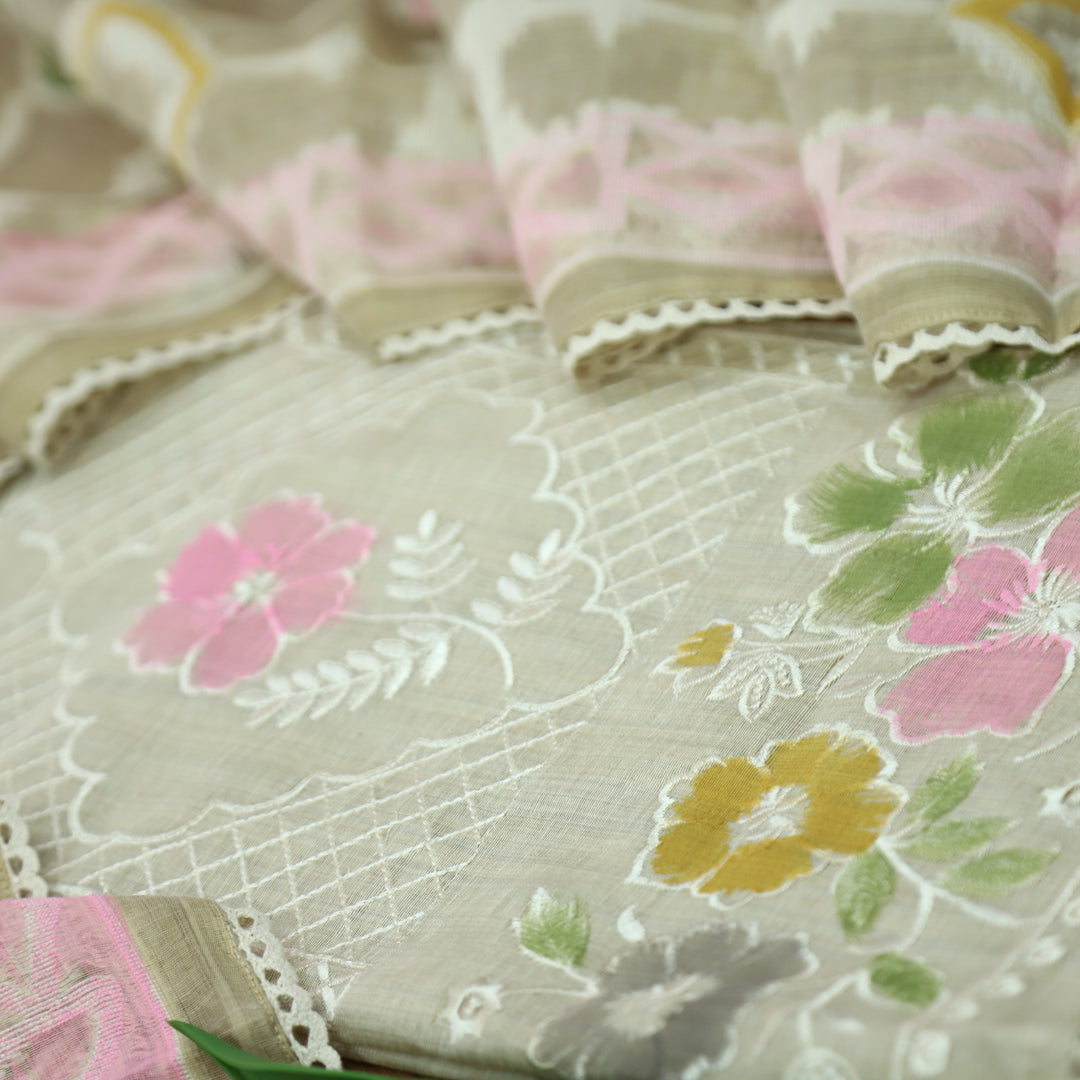 Roopshiddhi Beige with Light Pink Floral Thread with Jamdani Weaved Chanderi Set