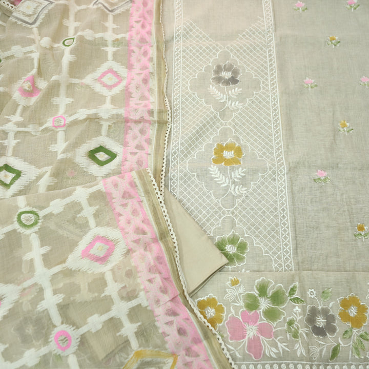 Roopshiddhi Beige with Light Pink Floral Thread with Jamdani Weaved Chanderi Set