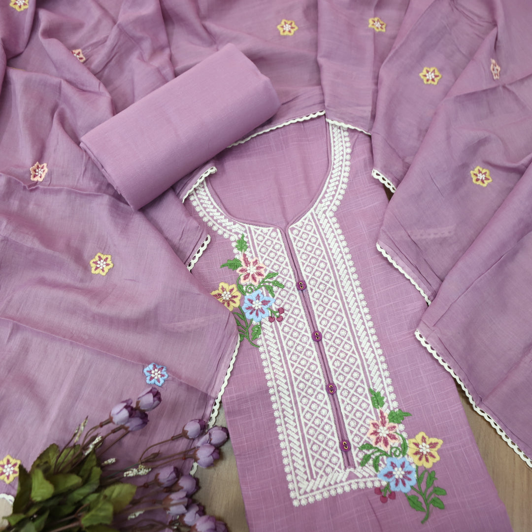 Rangoli Mauve Purple Embroidered Neckline with Button Work Cotton Linen Set