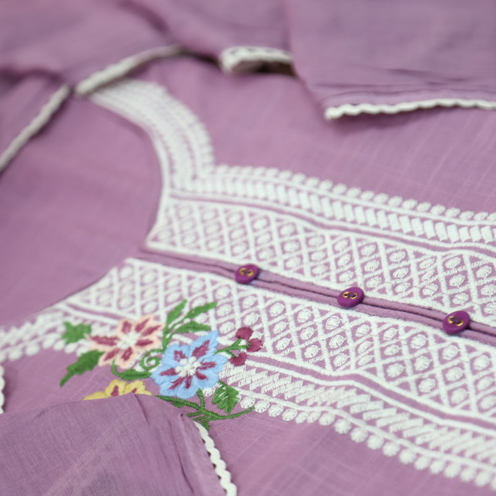 Rangoli Mauve Purple Embroidered Neckline with Button Work Cotton Linen Set