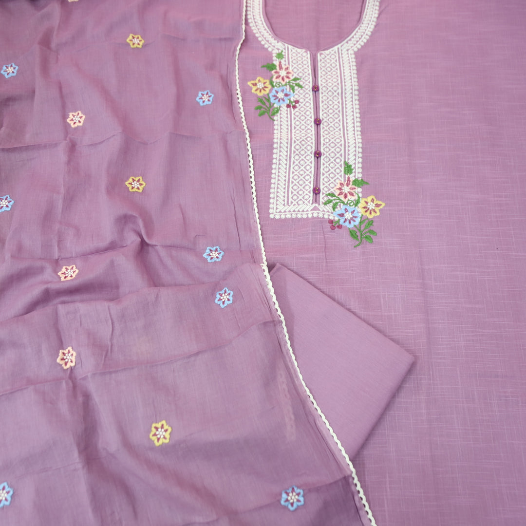 Rangoli Mauve Purple Embroidered Neckline with Button Work Cotton Linen Set