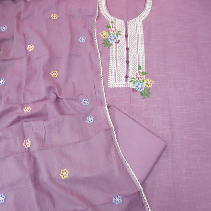 Rangoli Mauve Purple Embroidered Neckline with Button Work Cotton Linen Set