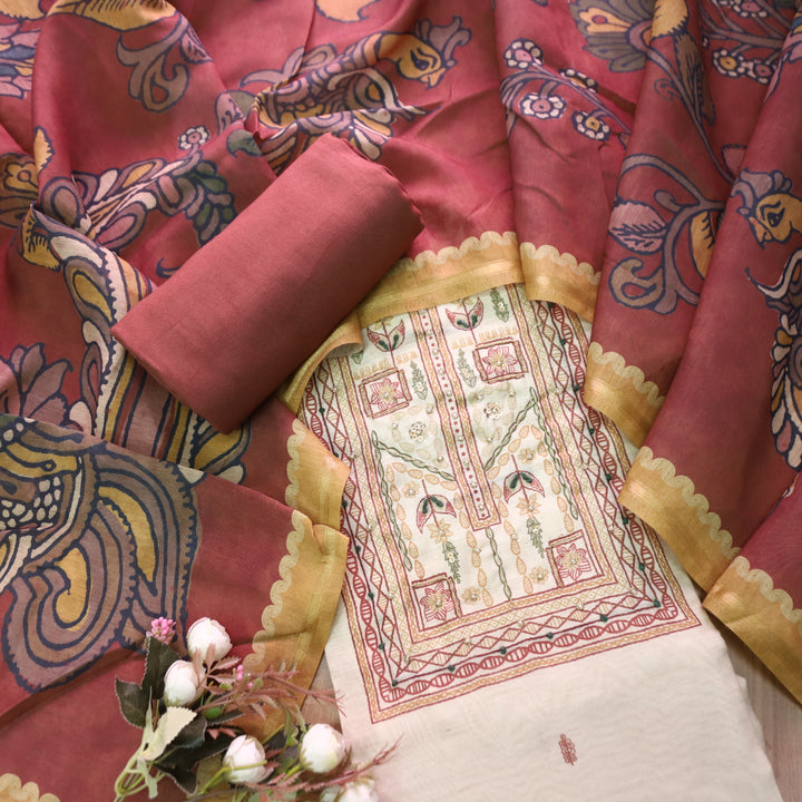 Roop Beige with Madhubani Print Work Chanderi Set with Maroon Kalamkari Printed Dupatta