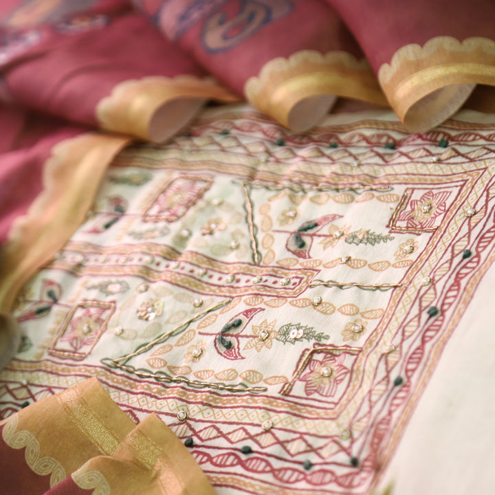 Roop Beige with Madhubani Print Work Chanderi Set with Maroon Kalamkari Printed Dupatta