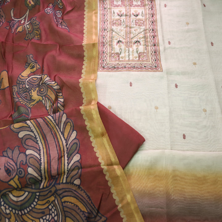 Roop Beige with Madhubani Print Work Chanderi Set with Maroon Kalamkari Printed Dupatta