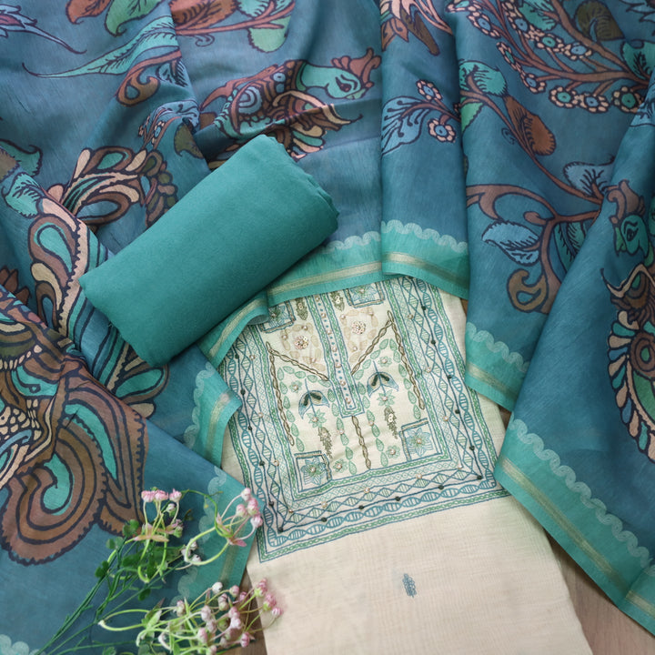 Roop Beige with Madhubani Print Work Chanderi Set with Teal Kalamkari Printed Dupatta