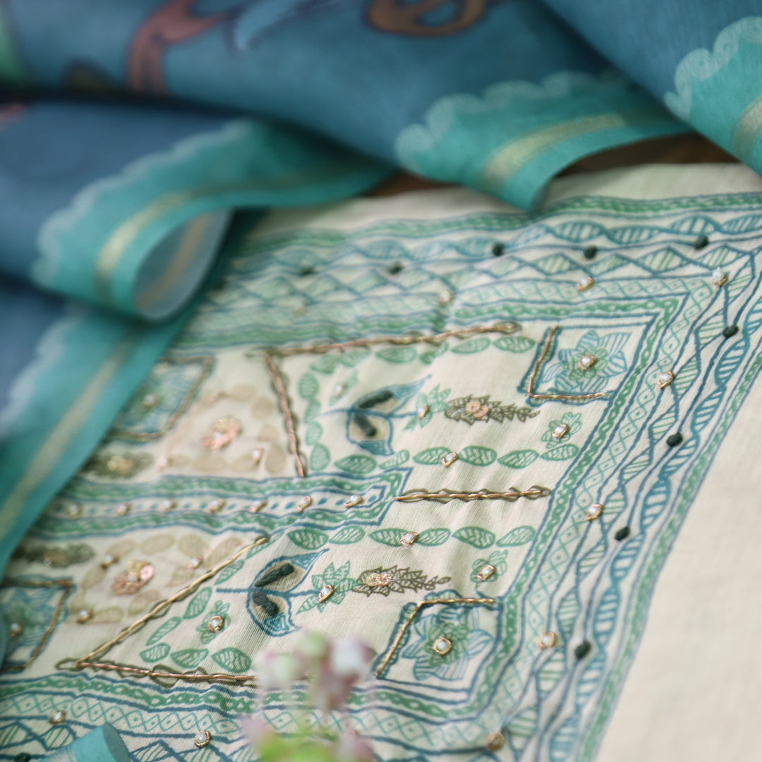 Roop Beige with Madhubani Print Work Chanderi Set with Teal Kalamkari Printed Dupatta