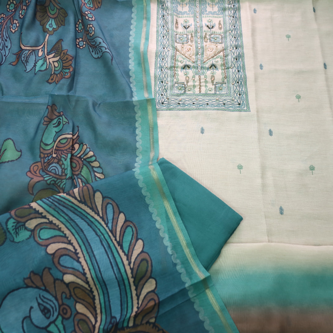 Roop Beige with Madhubani Print Work Chanderi Set with Teal Kalamkari Printed Dupatta