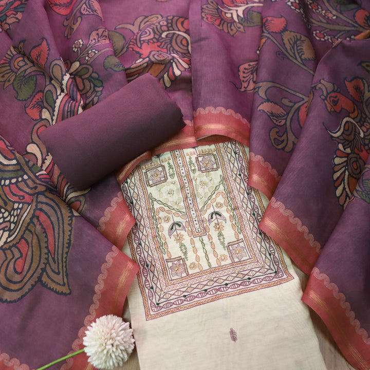 Roop Beige with Madhubani Print Work Chanderi Set with Wine Kalamkari Printed Dupatta