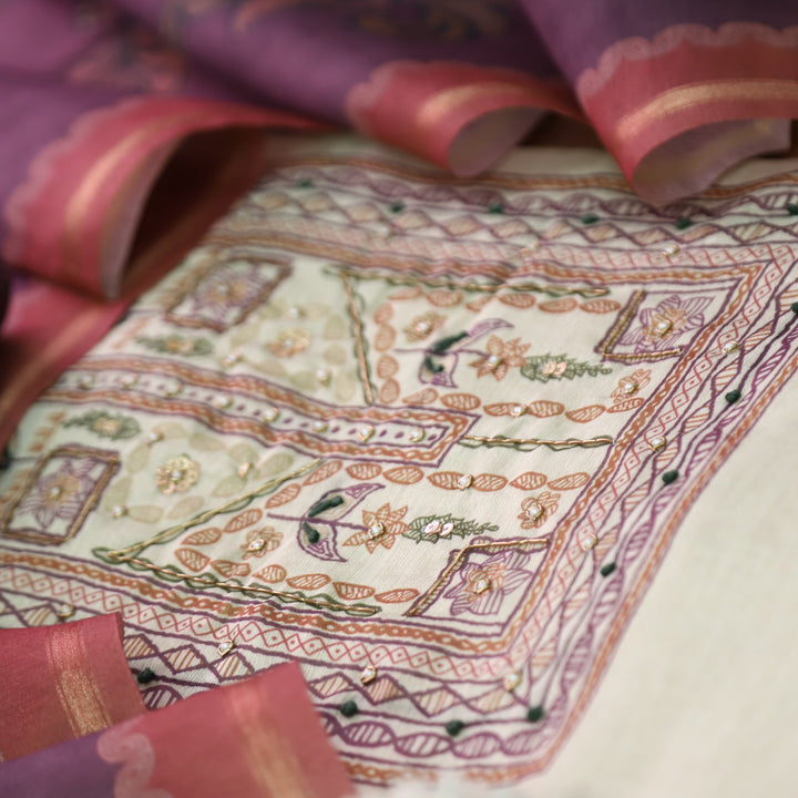 Roop Beige with Madhubani Print Work Chanderi Set with Wine Kalamkari Printed Dupatta