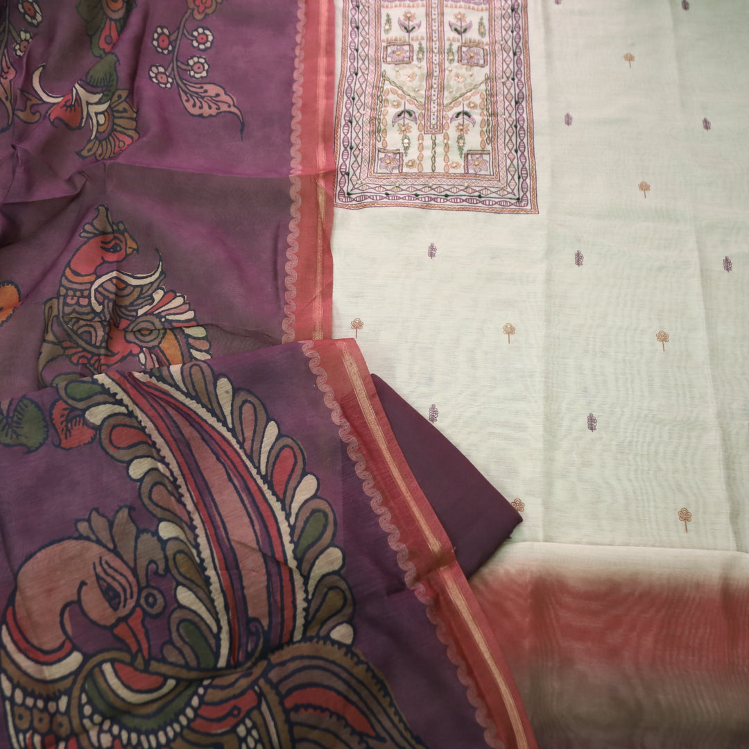 Roop Beige with Madhubani Print Work Chanderi Set with Wine Kalamkari Printed Dupatta