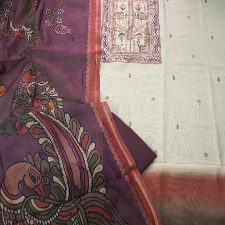 Roop Beige with Madhubani Print Work Chanderi Set with Wine Kalamkari Printed Dupatta