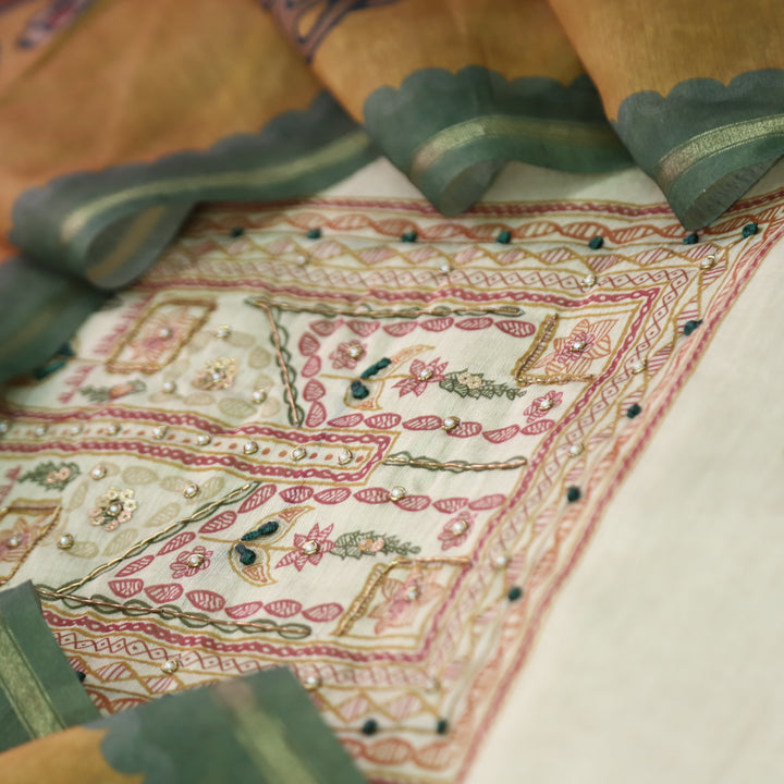 Roop Beige with Madhubani Print Work Chanderi Set with Yellow kalamKari Printed Dupatta