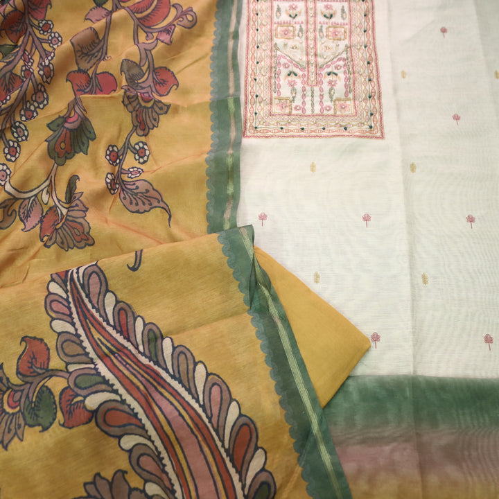 Roop Beige with Madhubani Print Work Chanderi Set with Yellow kalamKari Printed Dupatta