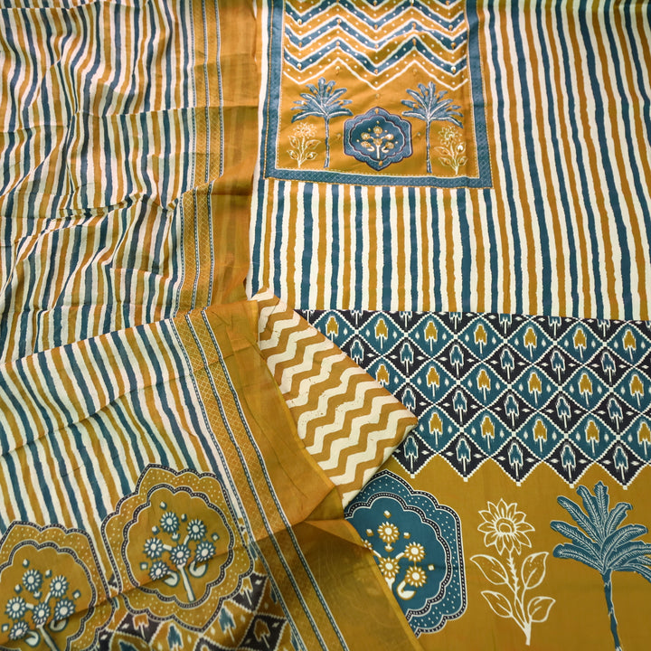 Lavanya Dijon Yellow Ajrak Print Patch with Spiral Work Stripe Print Jam Cotton Set