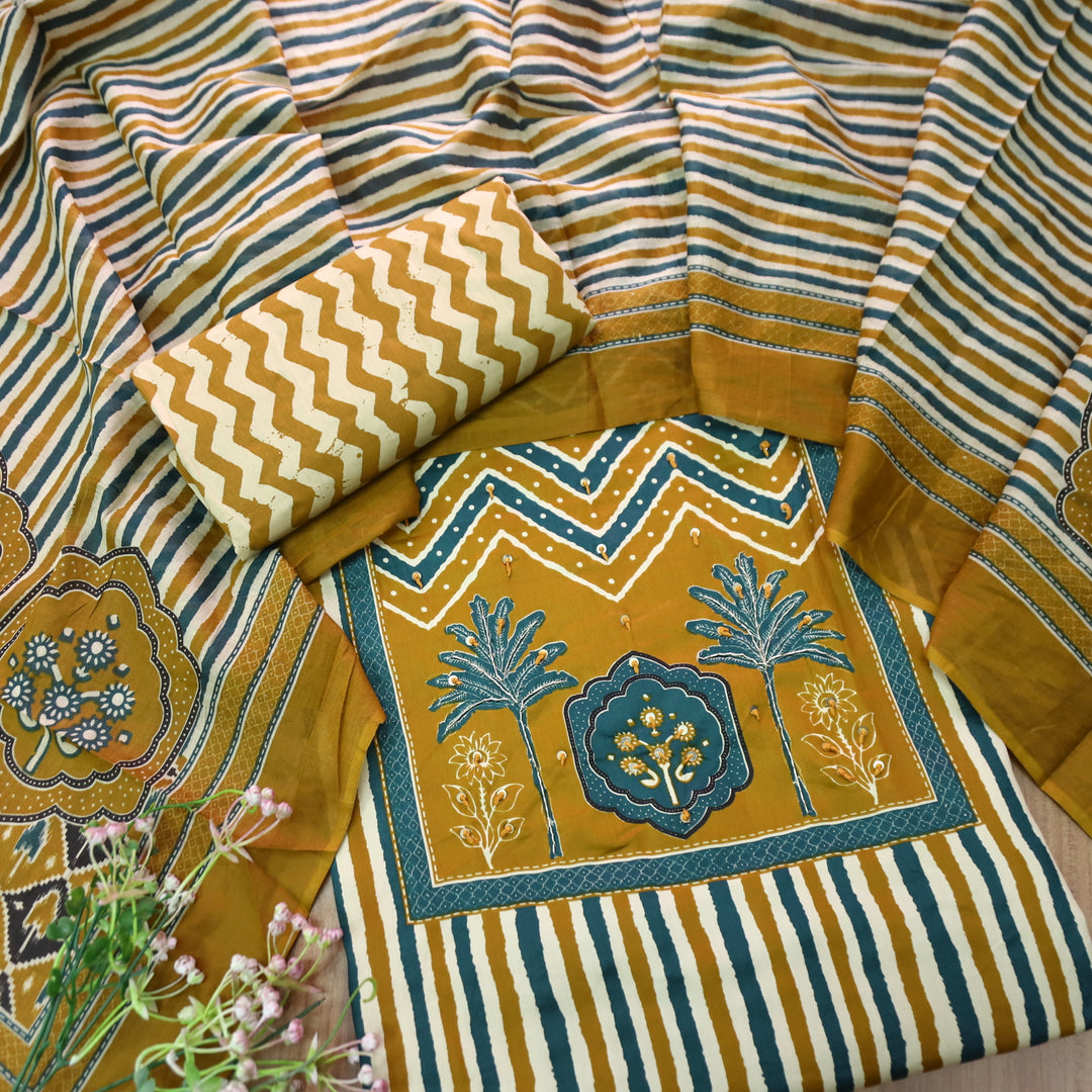 Lavanya Dijon Yellow Ajrak Print Patch with Spiral Work Stripe Print Jam Cotton Set