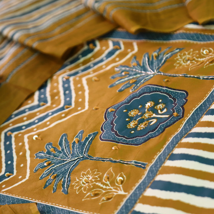 Lavanya Dijon Yellow Ajrak Print Patch with Spiral Work Stripe Print Jam Cotton Set