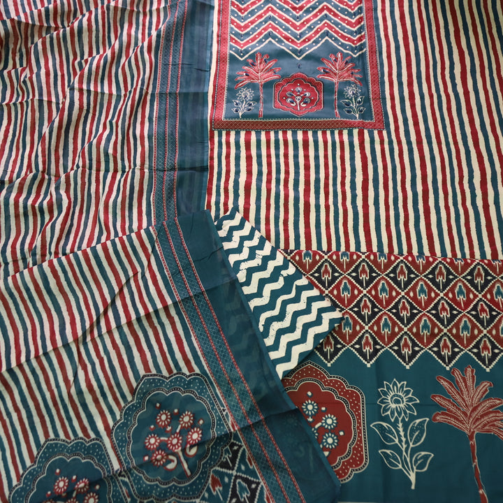 Lavanya Cerulean Teal Ajrak Print Patch with Spiral Work Stripe Print Jam Cotton Set