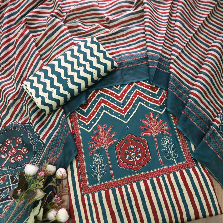 Lavanya Cerulean Teal Ajrak Print Patch with Spiral Work Stripe Print Jam Cotton Set