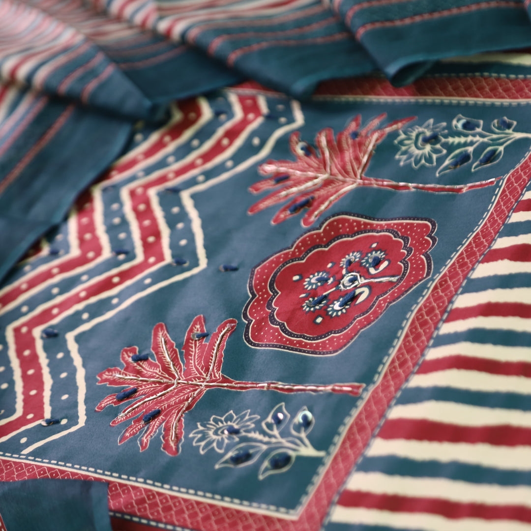 Lavanya Cerulean Teal Ajrak Print Patch with Spiral Work Stripe Print Jam Cotton Set