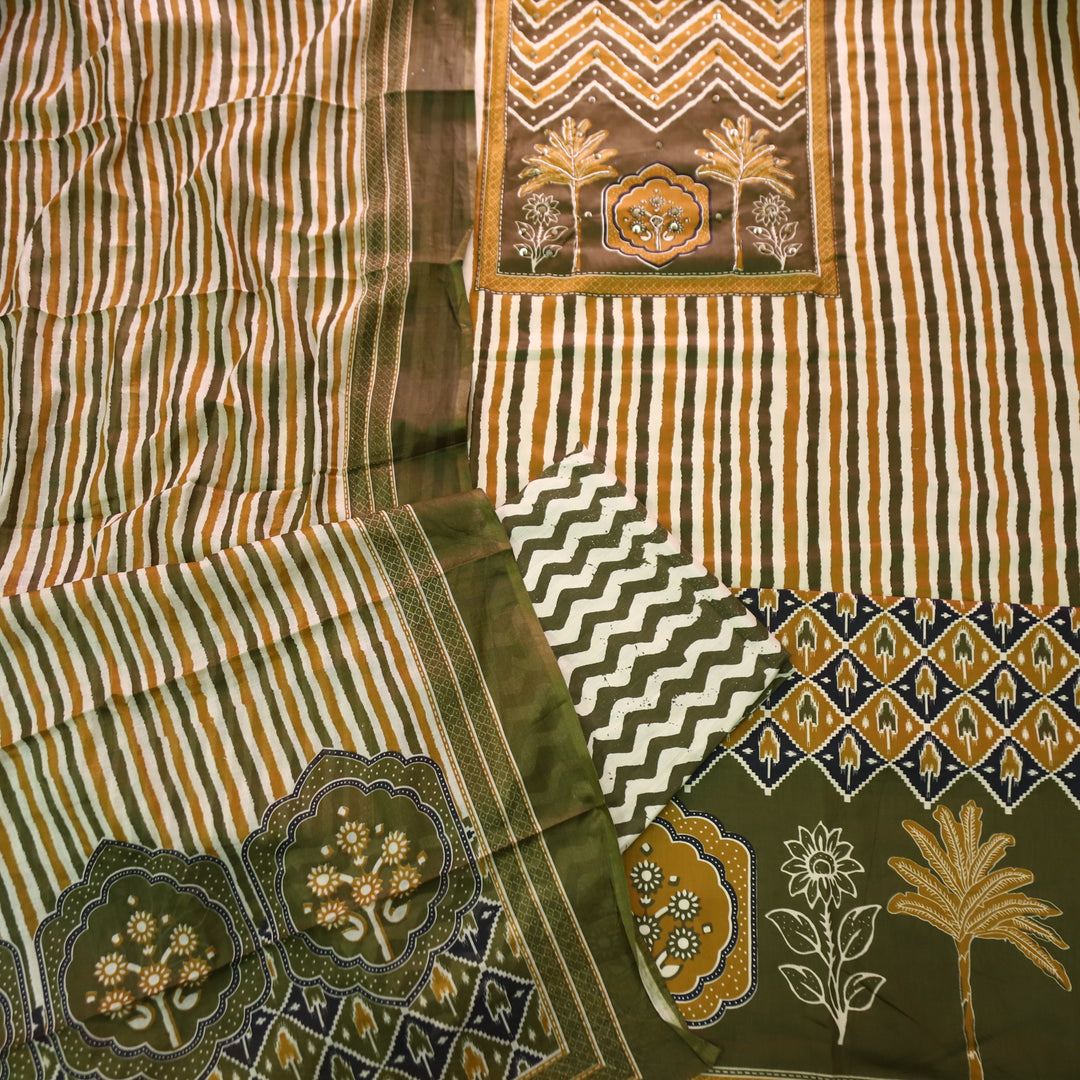 Lavanya Olive Green Ajrak Print Patch with Spiral Work Stripe Print Jam Cotton Set