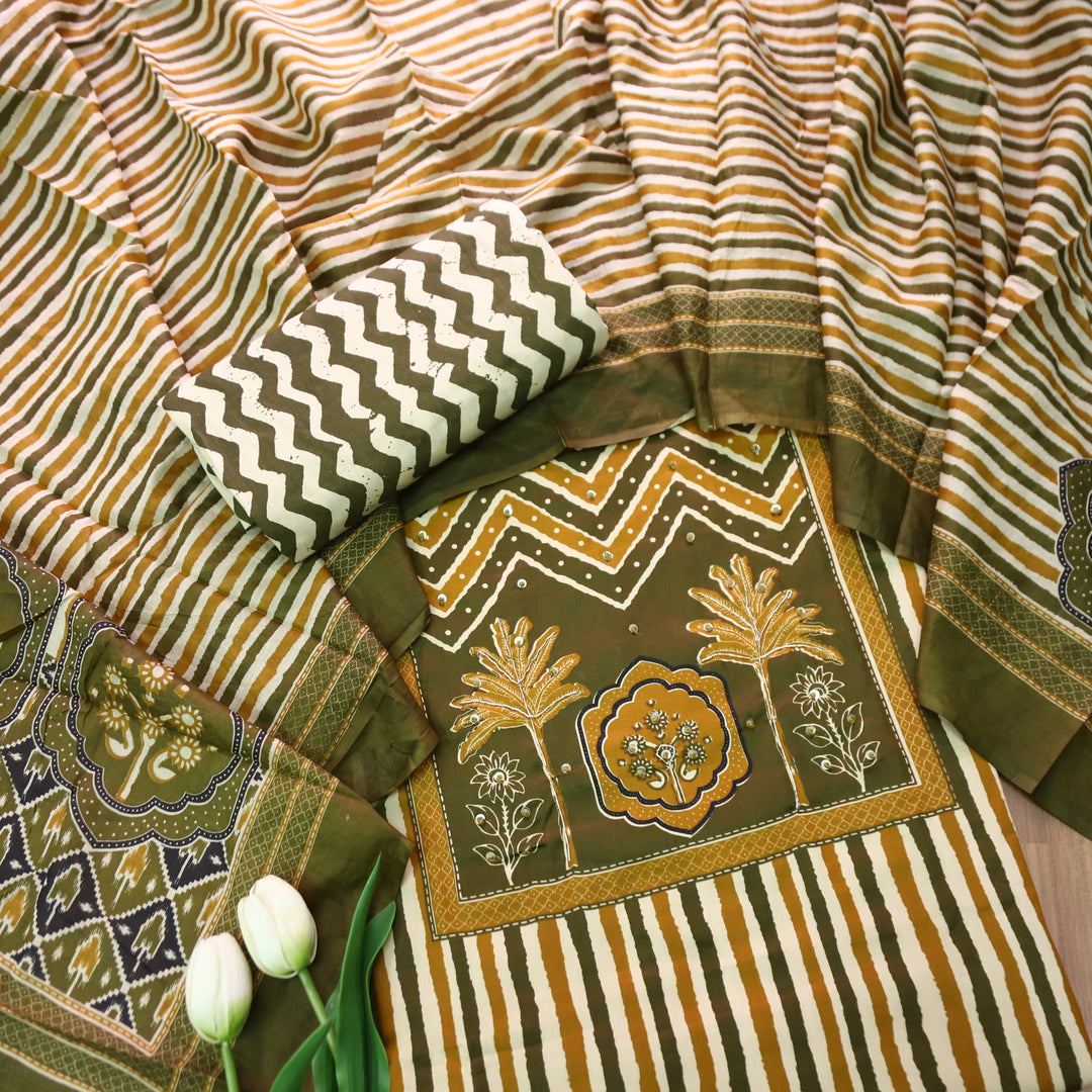 Lavanya Olive Green Ajrak Print Patch with Spiral Work Stripe Print Jam Cotton Set