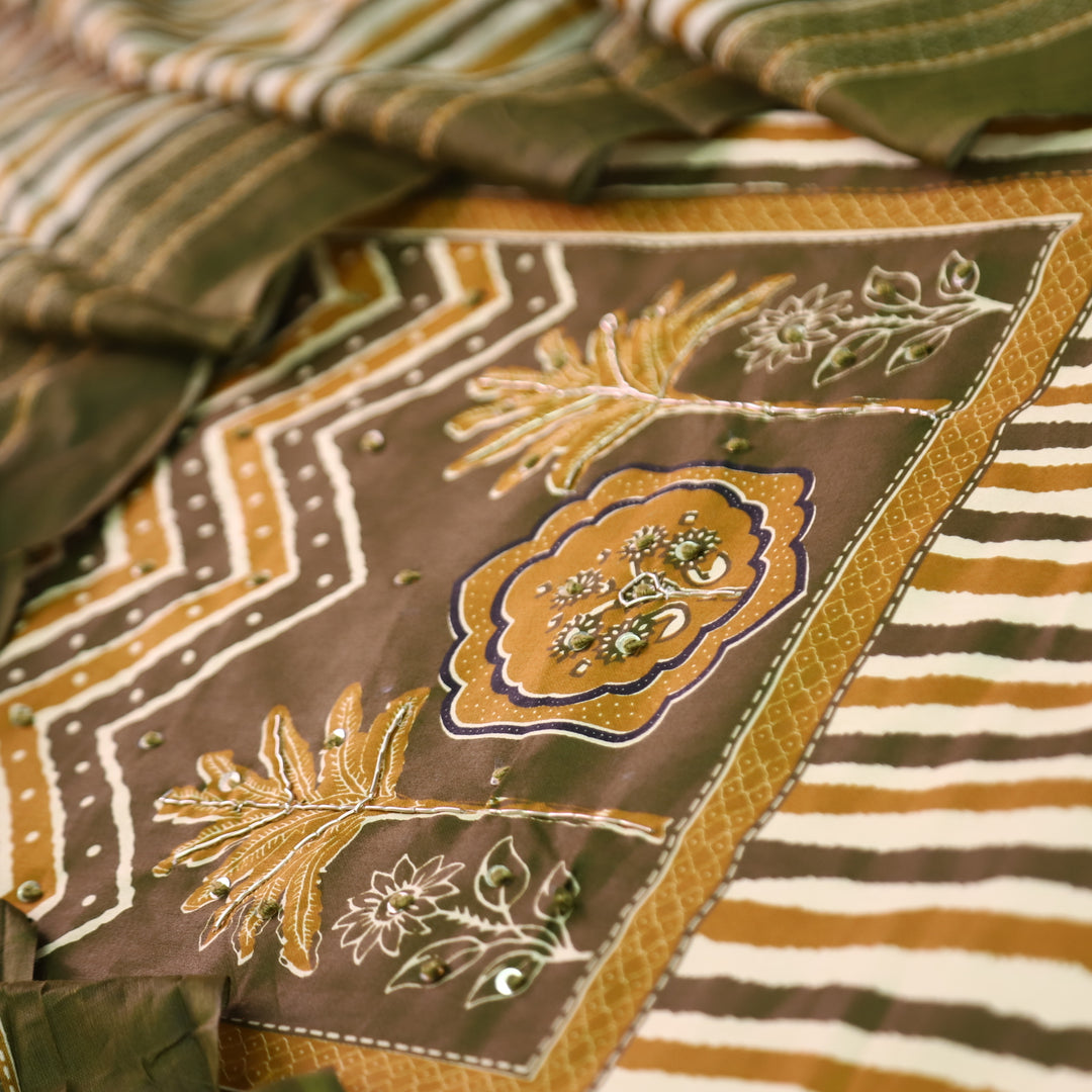 Lavanya Olive Green Ajrak Print Patch with Spiral Work Stripe Print Jam Cotton Set