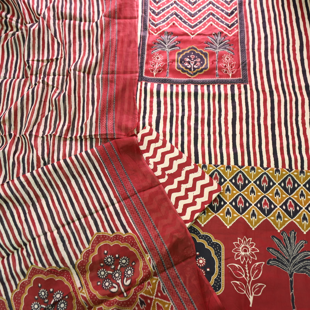 Lavanya Cranberry Red Ajrak Print Patch with Spiral Work Stripe Print Jam Cotton Set