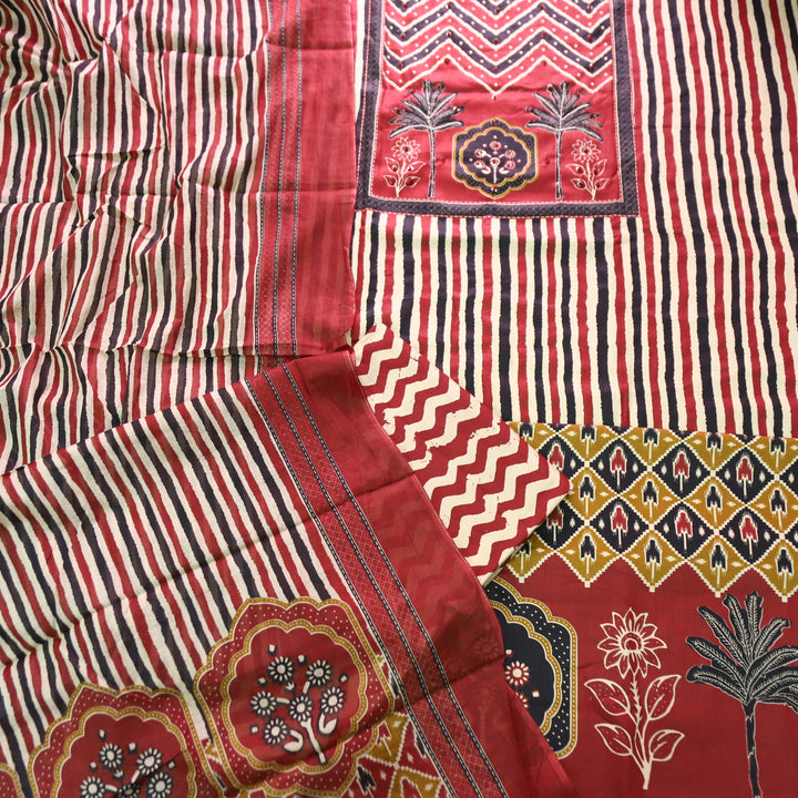 Lavanya Cranberry Red Ajrak Print Patch with Spiral Work Stripe Print Jam Cotton Set