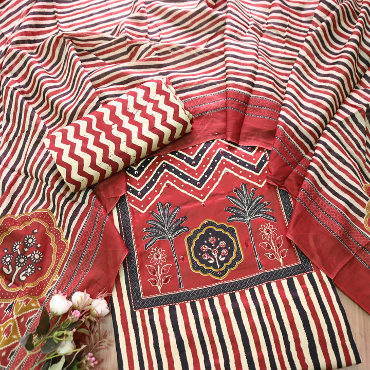 Lavanya Cranberry Red Ajrak Print Patch with Spiral Work Stripe Print Jam Cotton Set