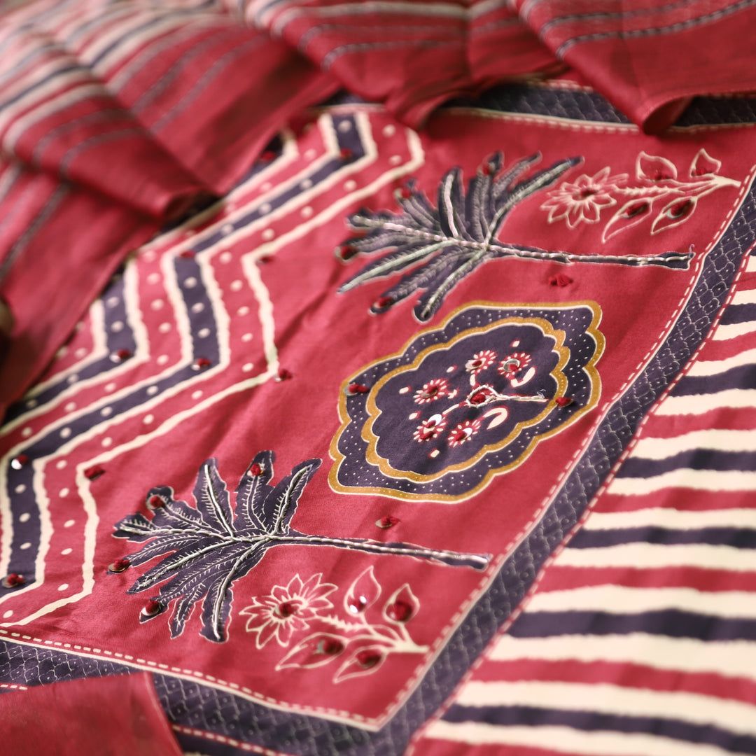 Lavanya Cranberry Red Ajrak Print Patch with Spiral Work Stripe Print Jam Cotton Set