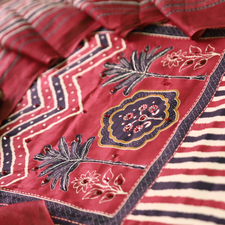 Lavanya Cranberry Red Ajrak Print Patch with Spiral Work Stripe Print Jam Cotton Set