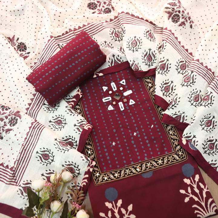 Roopshani Wine Burgundy Kutch Mirror Neck Work in Floral Printed Cotton Suit Set