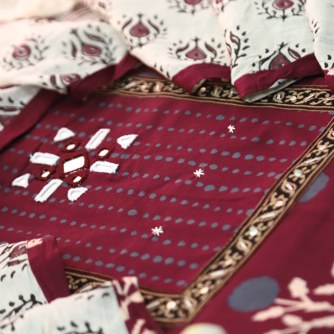 Roopshani Wine Burgundy Kutch Mirror Neck Work in Floral Printed Cotton Suit Set
