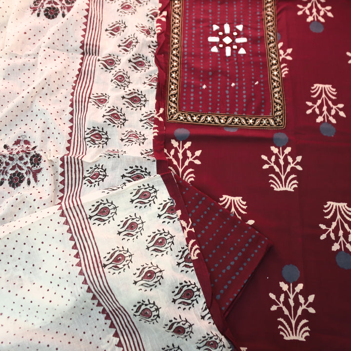 Roopshani Wine Burgundy Kutch Mirror Neck Work in Floral Printed Cotton Suit Set