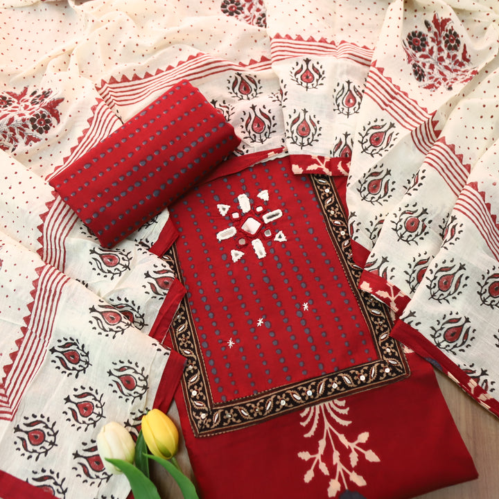 Roopshani Dark Cherry Kutch Mirror Neck Work in Floral Printed Cotton Suit Set