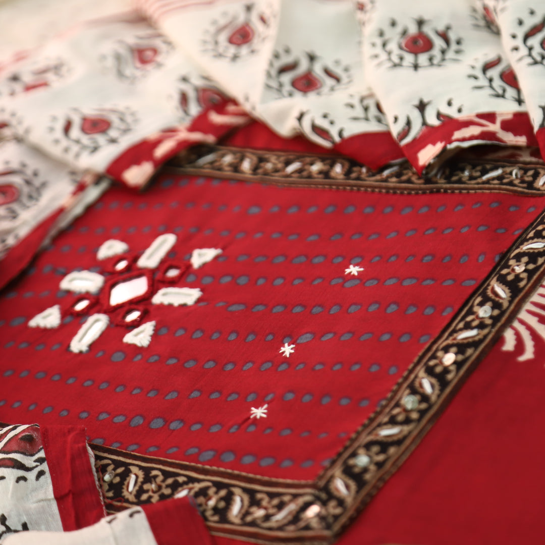 Roopshani Dark Cherry Kutch Mirror Neck Work in Floral Printed Cotton Suit Set