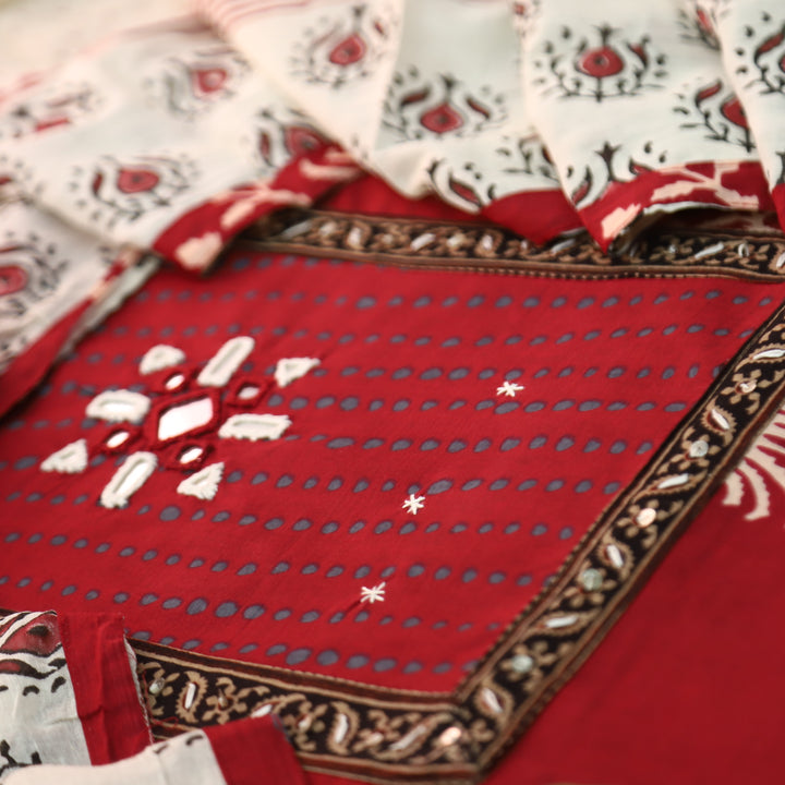 Roopshani Dark Cherry Kutch Mirror Neck Work in Floral Printed Cotton Suit Set
