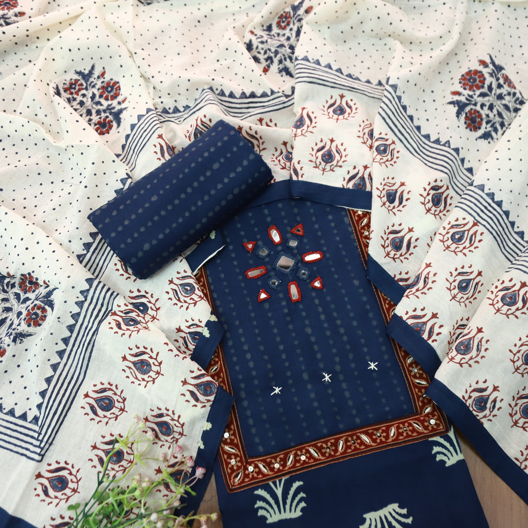 Roopshani Navy Blue Kutch Mirror Neck Work in Floral Printed Cotton Suit Set