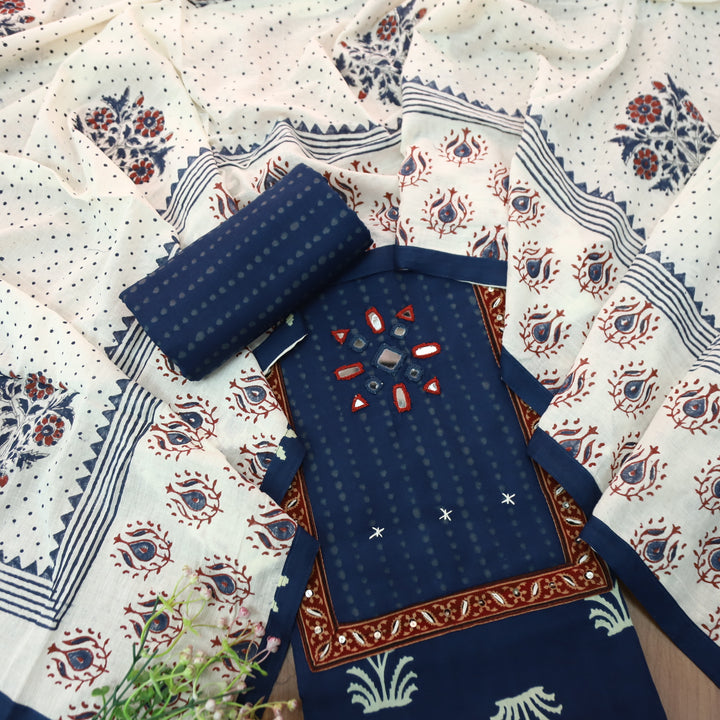 Roopshani Navy Blue Kutch Mirror Neck Work in Floral Printed Cotton Suit Set