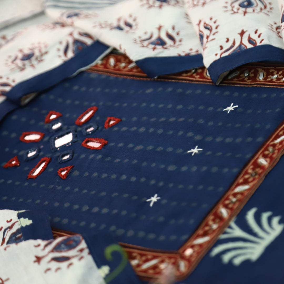 Roopshani Navy Blue Kutch Mirror Neck Work in Floral Printed Cotton Suit Set