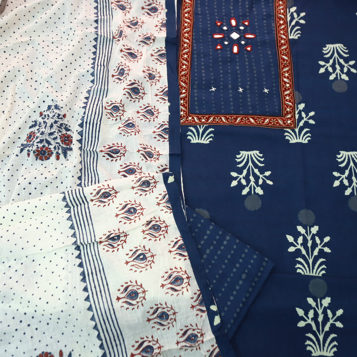 Roopshani Navy Blue Kutch Mirror Neck Work in Floral Printed Cotton Suit Set