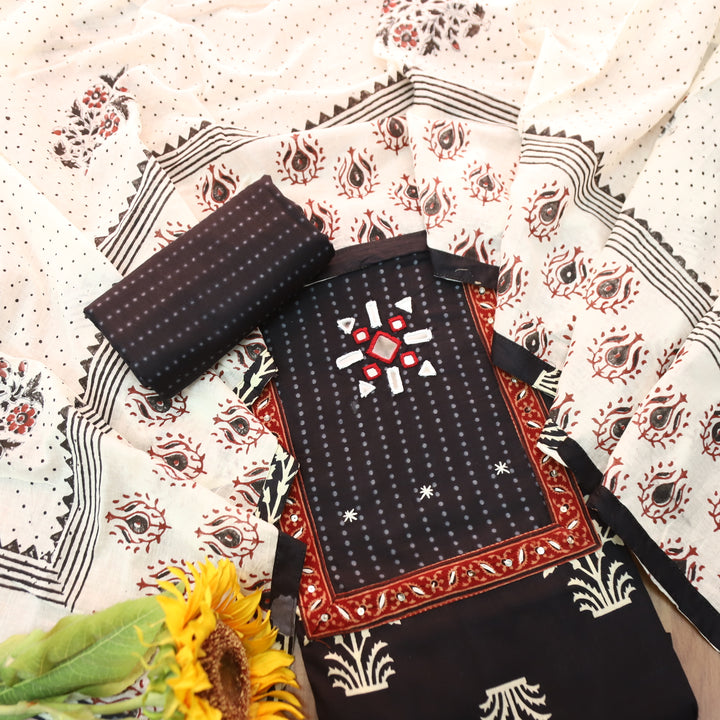 Roopshani Ebony Black Kutch Mirror Neck Work in Floral Printed Cotton Suit Set