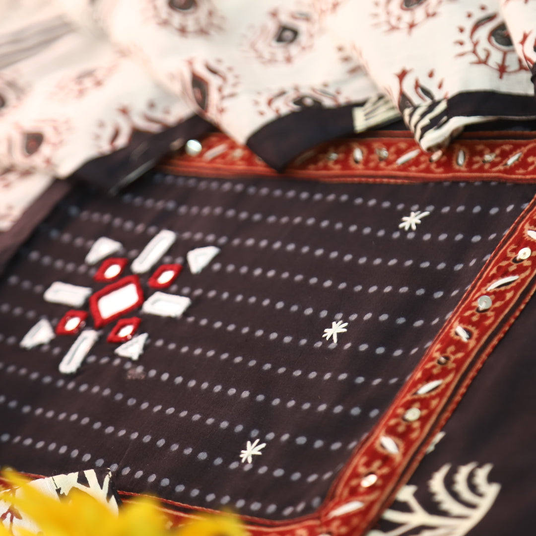 Roopshani Ebony Black Kutch Mirror Neck Work in Floral Printed Cotton Suit Set