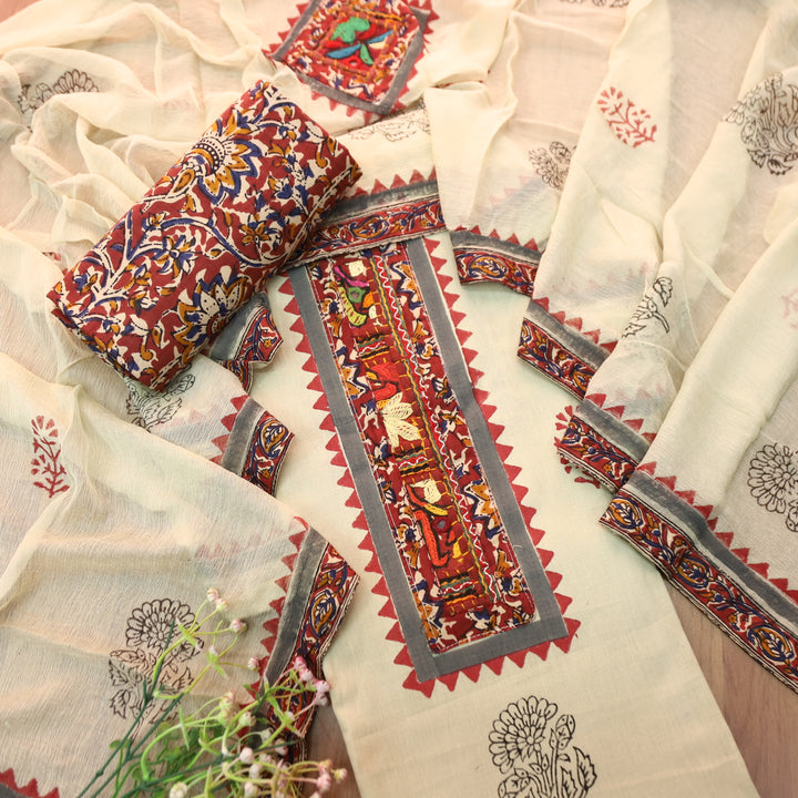 Mayaroop Frapee Beige Embriodered Patch on Neck in Block Print Cotton Suit Set